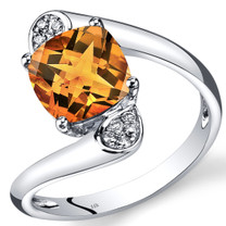 14K White Gold Citrine Diamond Bypass Ring Cushion Cut 1.83 Carats Total
