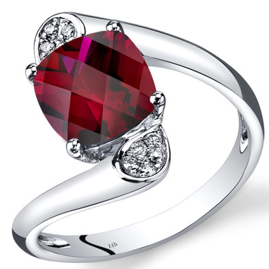 14K White Gold Created Ruby Diamond Bypass Ring Cushion Cut 2.83 Carats Total