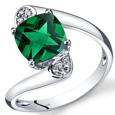 14K White Gold Created Emerald Diamond Bypass Ring Cushion Cut 2.08 Carats Total