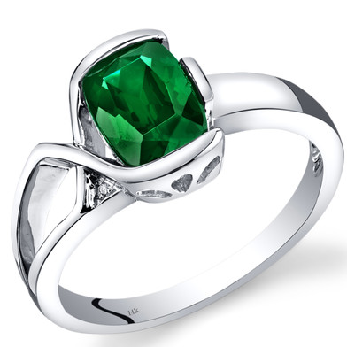 14K White Gold Created Emerald Diamond Bezel Ring  1.26 Carats Total