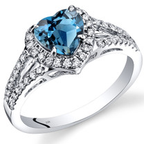 14K White Gold London Blue Topaz Diamond Halo Ring Heart Shape 1.90 Carats Total