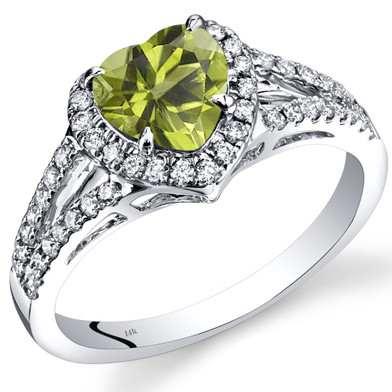14K White Gold Peridot Diamond Halo Ring Heart Shape 1.65 Carats Total