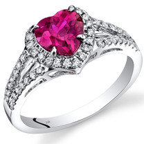 14K White Gold Created Ruby Diamond Halo Ring Heart Shape 1.90 Carats Total