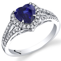 14K White Gold Created Blue Sapphire Diamond Halo Ring Heart Shape 1.90 Carats Total