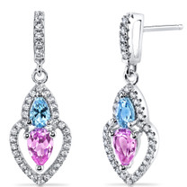Created Pink Sapphire and Swiss Blue Topaz Earrings Sterling Silver Pear Shape 1.50 Carats Total SE8530