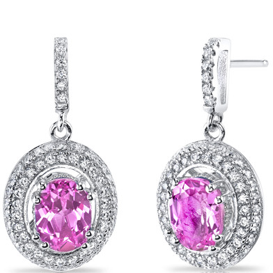 Created Pink Sapphire Halo Dangle Earrings Sterling Silver 3.50 Carats Total SE8544