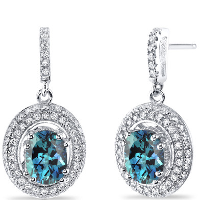 Simulated Alexandrite Halo Dangle Earrings Sterling Silver 3.50 Carats Total SE8546