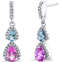 Created Pink Sapphire and Swiss Blue Topaz Open Halo Earrings Sterling Silver 2 Stone 2.50 Carats Total SE8554