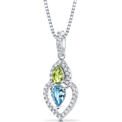 Swiss Blue Topaz and Peridot Pendant Necklace Sterling Silver Pear Shape 1.25 Carats Total  SP11148