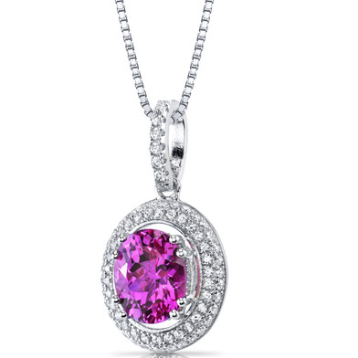 Created Pink Sapphire Halo Pendant Necklace Sterling Silver 3.75 Carats SP11164