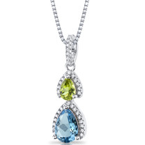 Swiss Blue Topaz and Peridot Open Halo Pendant Necklace Sterling Silver 2 Stone 1.75 Carats Total SP11172