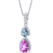 Created Pink Sapphire and Swiss Blue Topaz Open Halo Pendant Necklace Sterling Silver 2 Stone 2.25 Carats Total SP11174