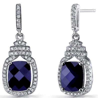 Created Blue Sapphire Halo Crown Dangle Earrings Sterling Silver 5.5 Carats SE8582
