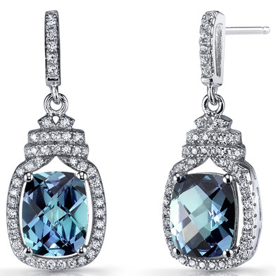 Simulated Alexandrite Halo Crown Dangle Earrings Sterling Silver 5.5 Carats SE8586