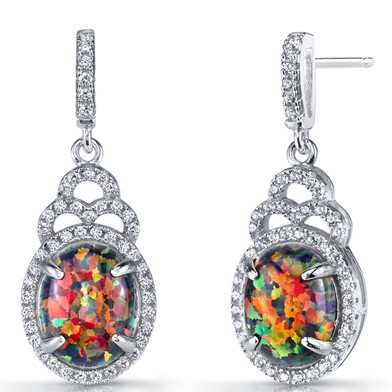 Created Black Opal Harlequin Dangling Earrings Sterling Silver 3 Carats SE8596
