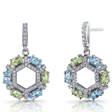 Swiss Blue Topaz and Peridot Hexagon Dangle Earrings Sterling Silver SE8614