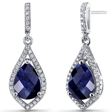 Created Blue Sapphire Tear Drop Dangle Earrings Sterling Silver 5 Carats SE8636