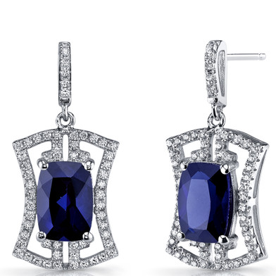 Created Blue Sapphire Art Deco Drop Earrings Sterling Silver 6.5 Carats SE8690