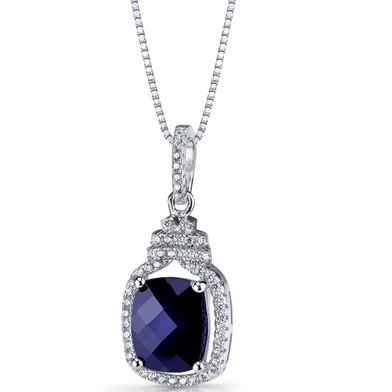 Created Blue Sapphire Halo Crown Pendant Necklace Sterling Silver 3.75 Carats SP11202
