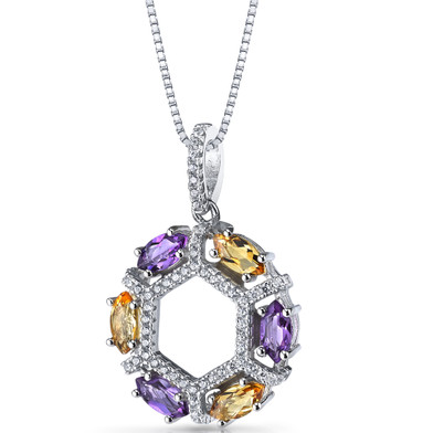 Amethyst and Citrine Hexagon Pendant Necklace Sterling Silver 1.2 Carats SP11232