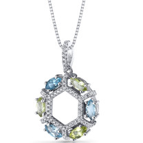 Swiss Blue Topaz and Peridot Hexagon Pendant Necklace Sterling Silver 1.5 Carats SP11234