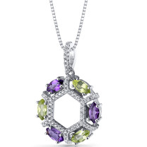 Amethyst and Peridot Hexagon Pendant Necklace Sterling Silver 1.5 Carats SP11238
