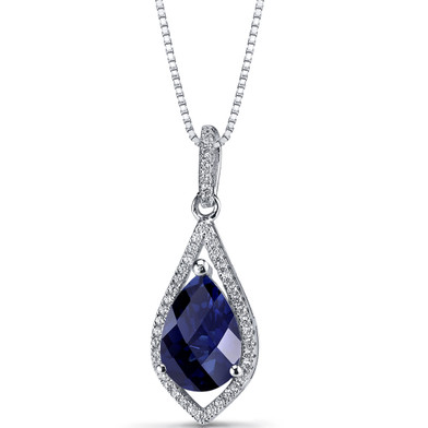 Created Blue Sapphire Teardrop Pendant Necklace Sterling Silver 3.75 Carats SP11256