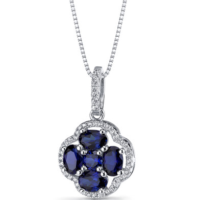 Created Blue Sapphire Clover Pendant Necklace Sterling Silver 2.25 Carats SP11298