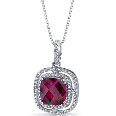 Created Ruby Cushion Cut Pendant Necklace Sterling Silver 4.25 Carats SP11318