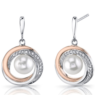 Rose Goldtone 7.5mm Freshwater Cultured White Pearl Halo Sterling Silver Earrings SE8710