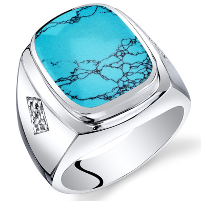 Mens Cushion Cut Simulated Turquoise Knight Ring Sterling Silver Sizes 8 To 13 SR11508