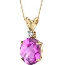 14 Karat Yellow Gold Oval Shape 3.50 Carats Created Pink Sapphire Diamond Pendant