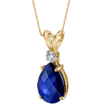 14 Karat Yellow Gold Pear Shape 2.50 Carats Created Blue Sapphire Diamond Pendant