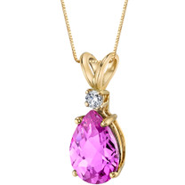 14 Karat Yellow Gold Pear Shape 2.50 Carats Created Pink Sapphire Diamond Pendant
