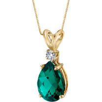 14 Karat Yellow Gold Pear Shape 1.75 Carats Created Emerald Diamond Pendant