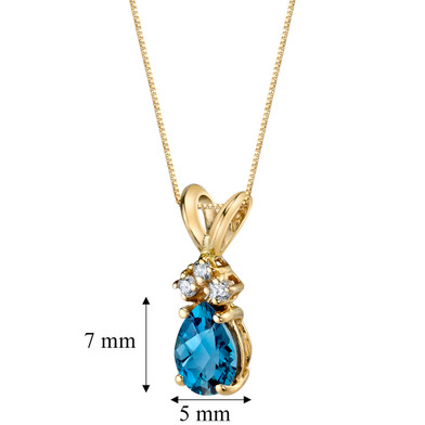 14 Karat Yellow Gold Pear Shape 0.75 Carats London Blue Topaz Diamond Pendant P9700