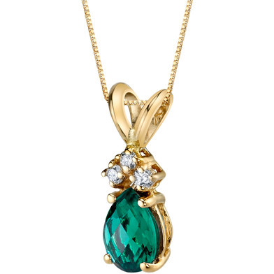 14 Karat Yellow Gold Pear Shape 0.50 Carats Created Emerald Diamond Pendant P9710