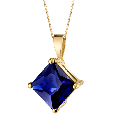 14 Karat Yellow Gold Princess Cut 3.50 Carats Created Blue Sapphire Pendant P9774