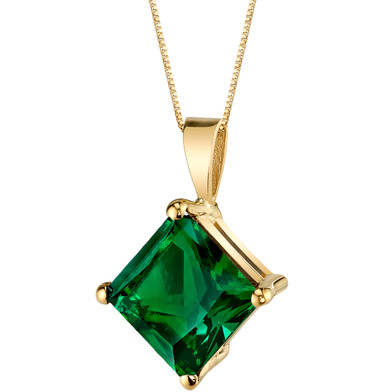 14 Karat Yellow Gold Princess Cut 2.25 Carats Created Emerald Pendant P9780