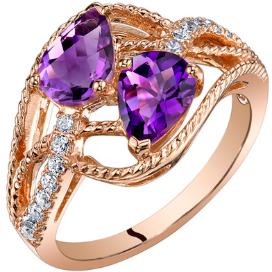 14K Rose Gold Two Stone Amethyst Ring Pear Shape 1.25 Carats Sizes 5-9