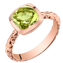 14k Rose Gold 2.00 carat Peridot Cushion Cut Woven Solitaire Dome Ring