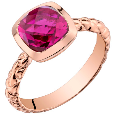 14k Rose Gold 2.50 carat Created Ruby Cushion Cut Woven Solitaire Dome Ring
