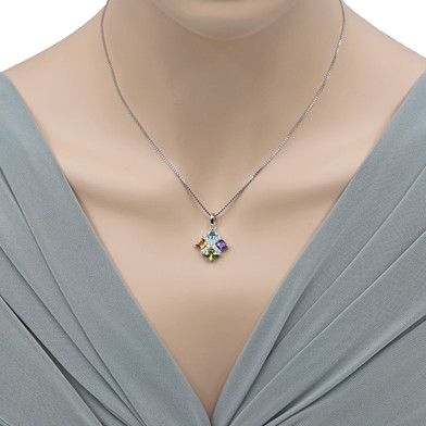 Amethyst Peridot Citrine Blue Topaz Quad Pendant Necklace in Sterling Silver
