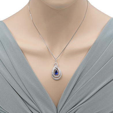 Tear Drop Created Blue Sapphire Sterling Silver Glamour Pendant Necklace