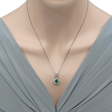 Simulated Emerald Sterling Silver Regina Halo Pendant Necklace