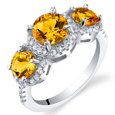Citrine Sterling Silver 3 Stone Halo Ring Sizes 5 to 9