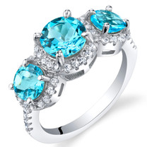 Swiss Blue Topaz Sterling Silver 3 Stone Halo Ring Sizes 5 to 9