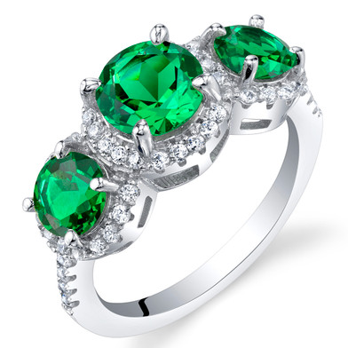 Simulated Emerald Sterling Silver 3 Stone Halo Ring Sizes 5 to 9