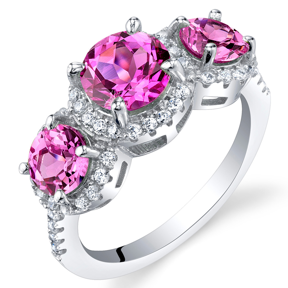 Created Pink Sapphire Sterling Silver 3 Stone Halo Ring Sizes 5 to 9