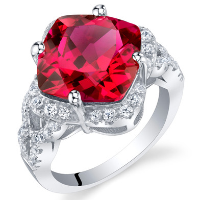 7.50 Carat Created Ruby Sterling Silver Cushion Halo Ring Sizes 5 to 9
